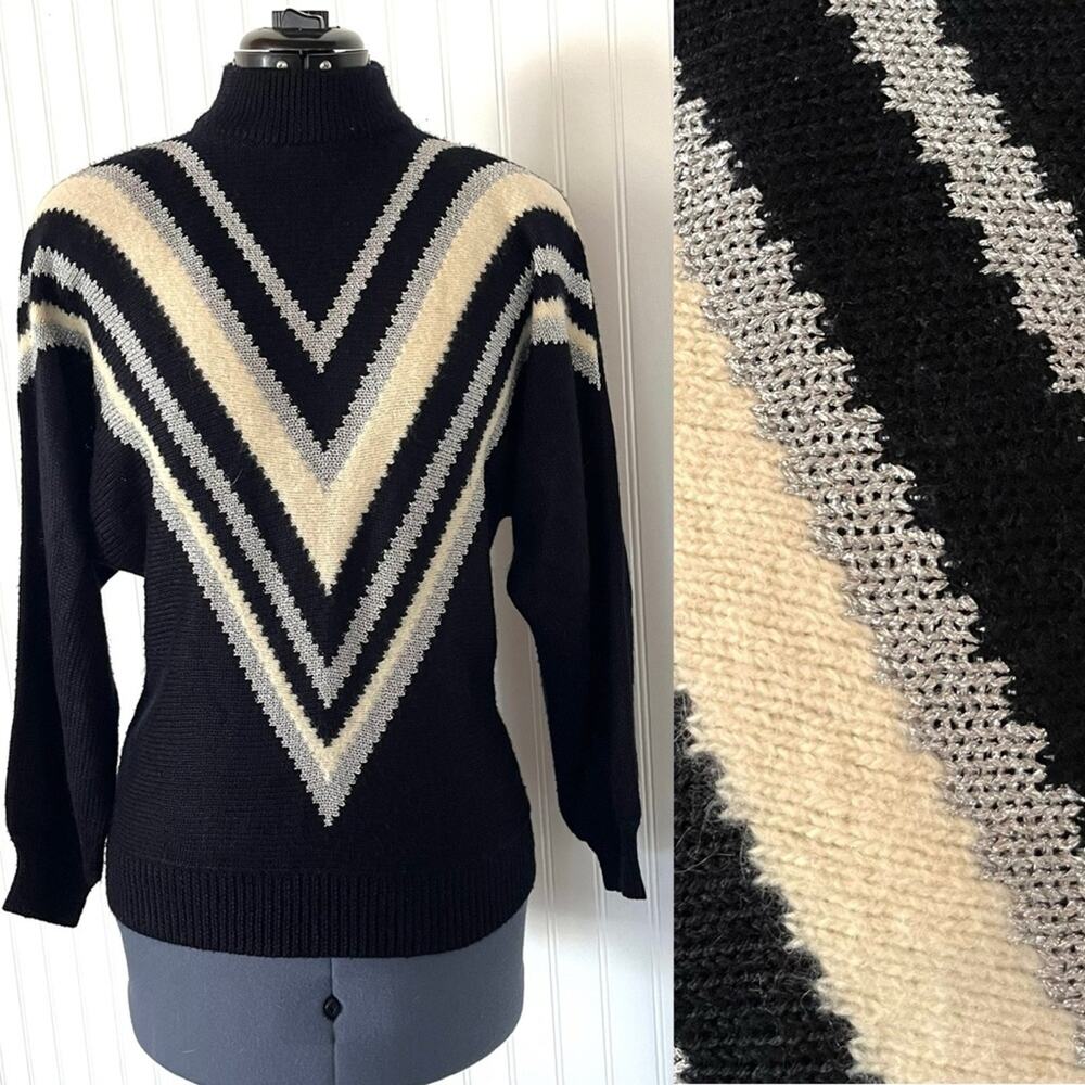 Vintage 80s Oversized Sweater Black and Silver Stripes Mock Turtleneck Soft Med